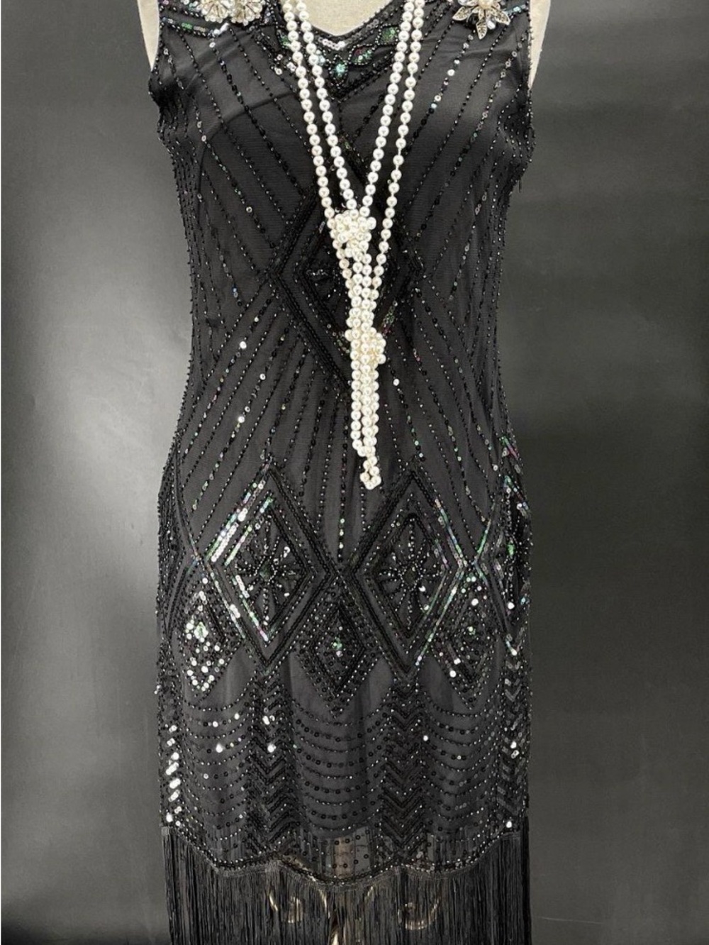 Vintage Flapper Dress Fancy Costume 20s And Pearls Brooch Black Gloves Lot Large